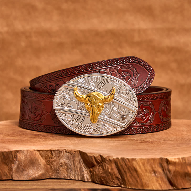 Herren DIY Gold & Silber Bull Verstecktes Klappmesser Ledergürtel - Stier - Brauner geschnitzter Gürtel - 42 - image 7