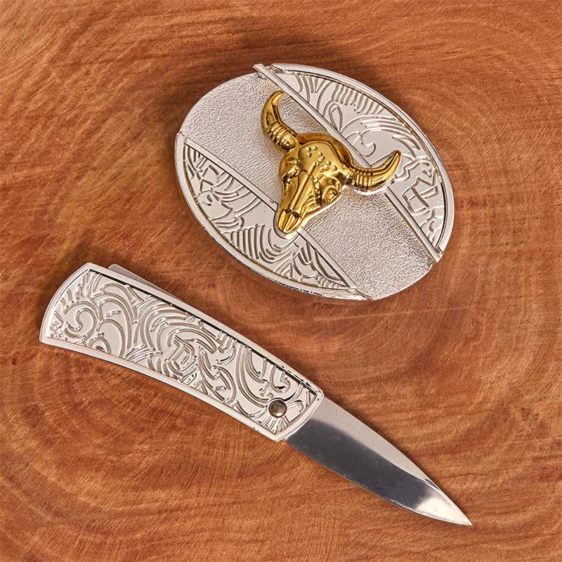 Herren DIY Gold & Silber Bull Verstecktes Klappmesser Ledergürtel - image 1