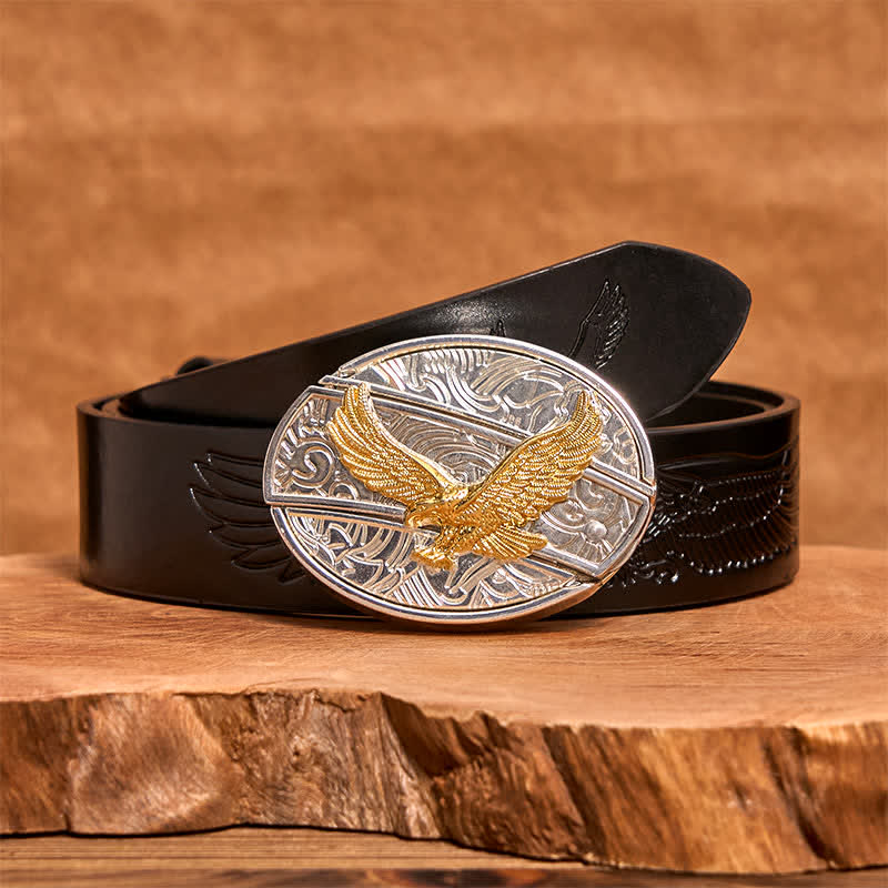 Herren DIY Gold & Silber Adler Verstecktes Klappmesser Ledergürtel - Adler - Schwarzer Gürtel mit geprägtem Adler - 42 - image 4