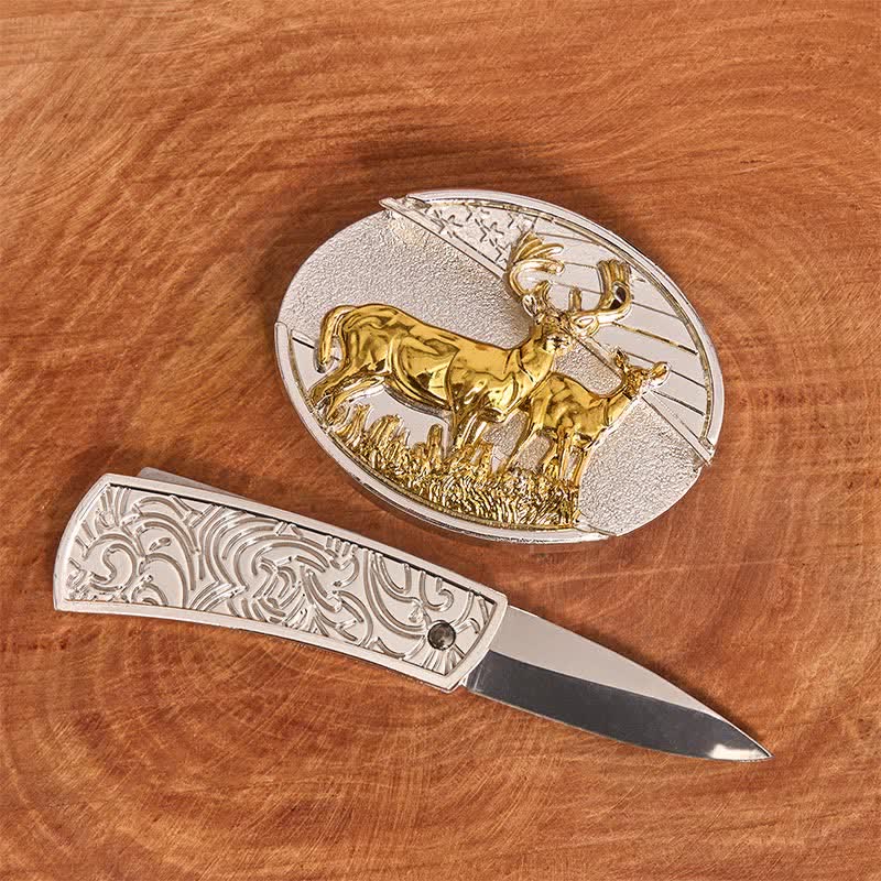 Herren DIY Gold & Silber Hirsche Verstecktes Klappmesser Ledergürtel - image 1