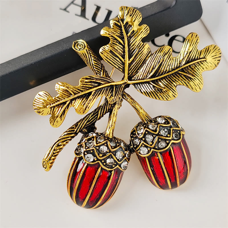 Antikgoldene, mit Diamanten besetzte Haselnuss-Metallbrosche - Rot - image 0