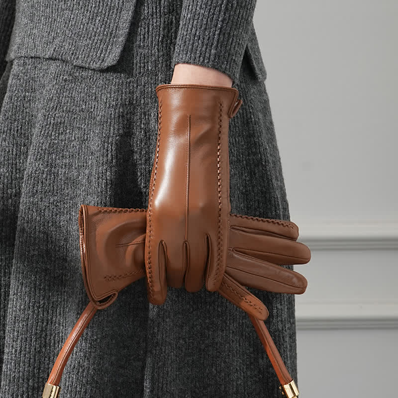 Damenhandschuhe aus echtem Schaffell mit Falten - Schokolade - Fleece-gefüttert - L - image 0