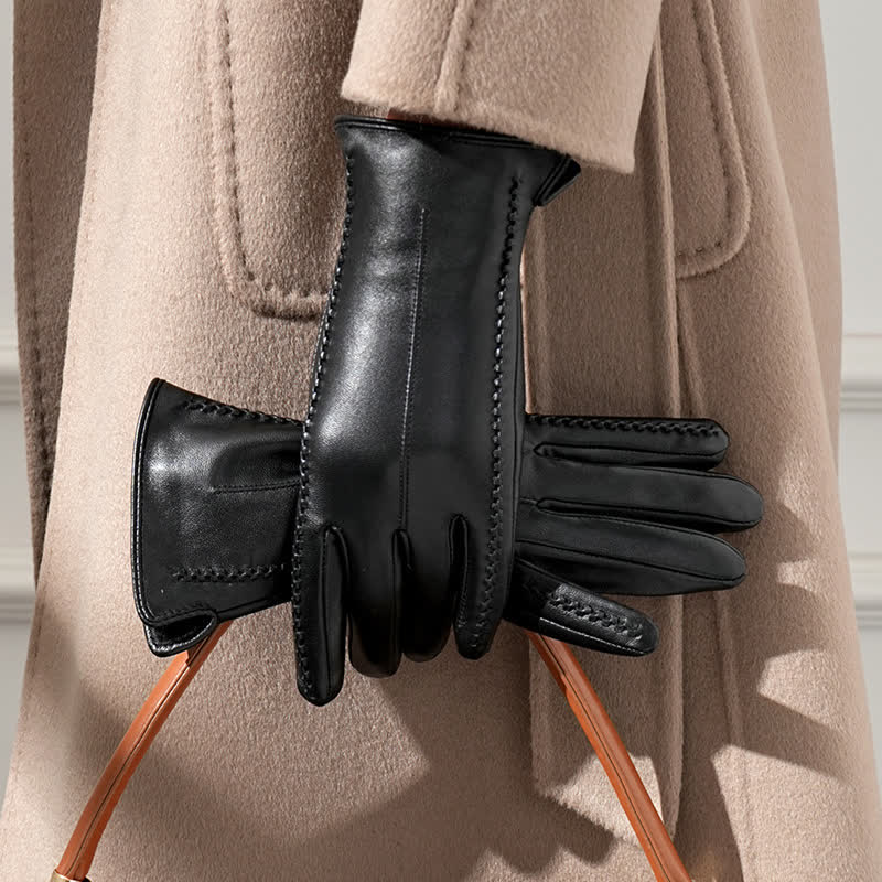 Damenhandschuhe aus echtem Schaffell mit Falten - Schwarz - Fleece-gefüttert - L - image 3