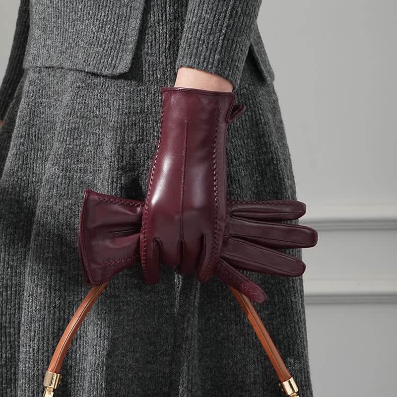 Damenhandschuhe aus echtem Schaffell mit Falten - Burgund - Fleece-gefüttert - L - image 7