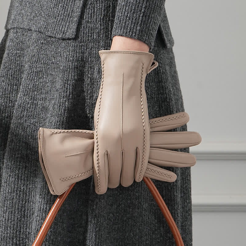 Damenhandschuhe aus echtem Schaffell mit Falten - Helles Khaki - Dünn - L - image 9