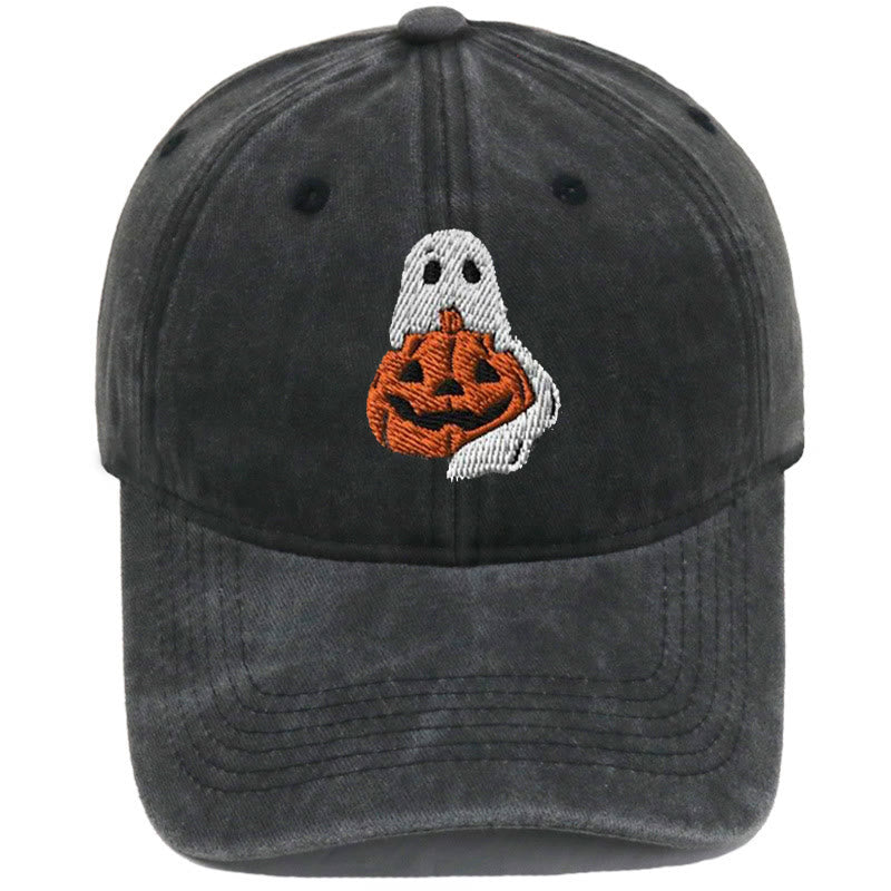 Halloween Geist & Kürbis bestickte gewaschene Baseballkappe - Geist & Großer Kürbis - Schwarz - M（22"-22 7/8"） - image 2