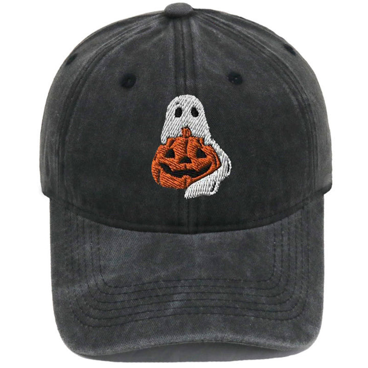 Halloween Geist & Kürbis bestickte gewaschene Baseballkappe - Geist & Großer Kürbis - Schwarz - M（22"-22 7/8"） - image 2
