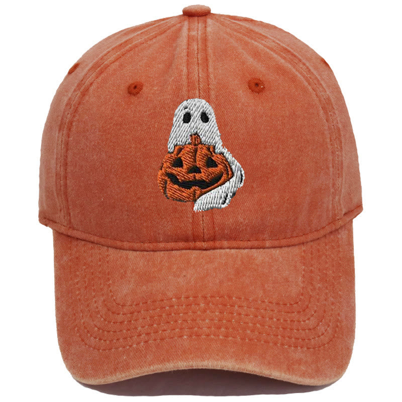 Halloween Geist & Kürbis bestickte gewaschene Baseballkappe - Geist & Großer Kürbis - Orange - M（22"-22 7/8"） - image 0