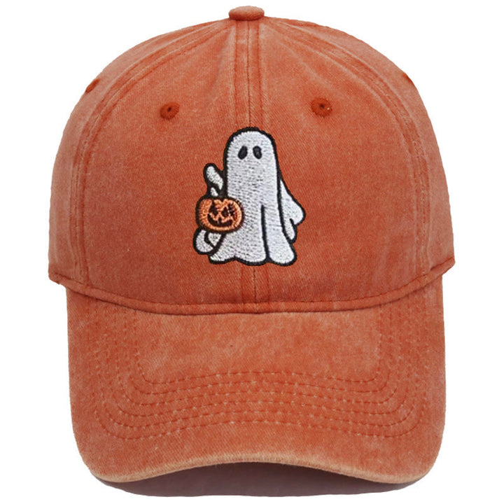 Halloween Geist & Kürbis bestickte gewaschene Baseballkappe - Geist & kleiner Kürbis - Orange - M（22"-22 7/8"） - image 3