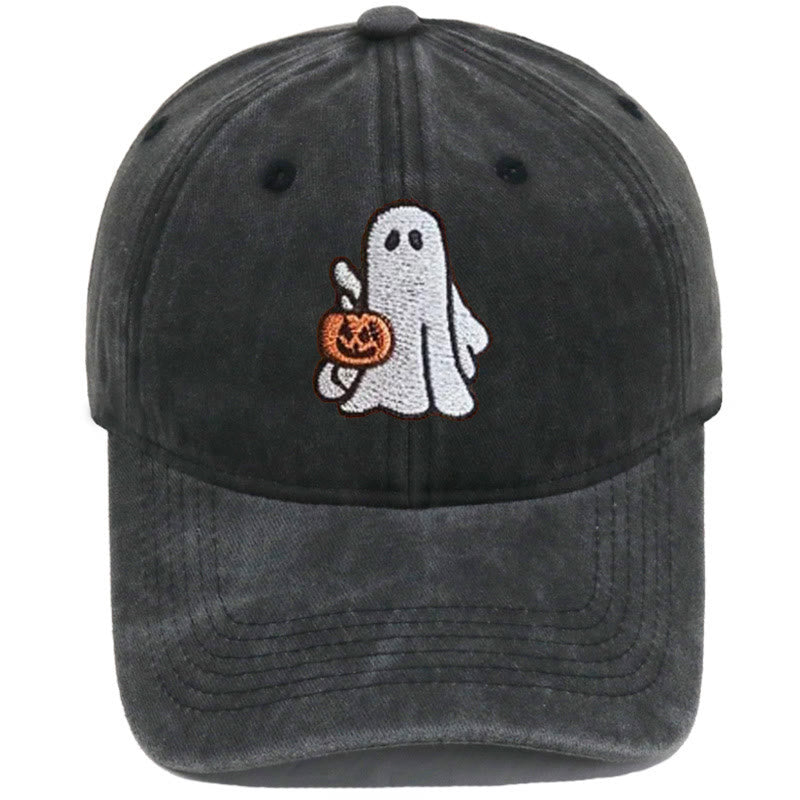 Halloween Geist & Kürbis bestickte gewaschene Baseballkappe - Geist & kleiner Kürbis - Schwarz - M（22"-22 7/8"） - image 4