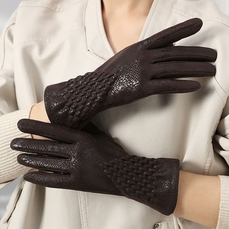 Damenhandschuhe aus weichem Samt mit glänzendem Pythonmuster - Dunkelbraun - image 0