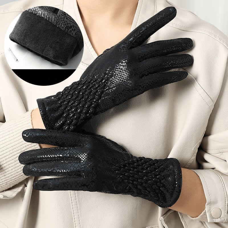 Damenhandschuhe aus weichem Samt mit glänzendem Pythonmuster - Schwarz - image 2
