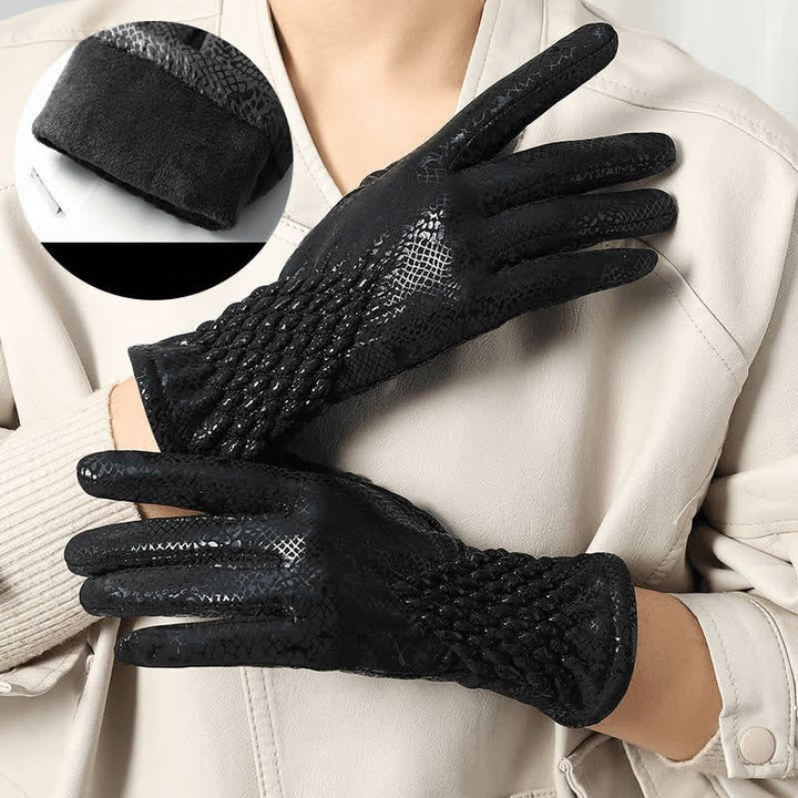 Damenhandschuhe aus weichem Samt mit glänzendem Pythonmuster - Schwarz - image 2