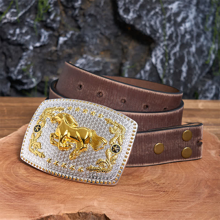 Rechteckiger DIY-Ledergürtel mit zweifarbiger Laufpferd-Schnalle und großer Schnalle - Laufendes Pferd - Brauner Distressed-Gürtel - 42 - image 6