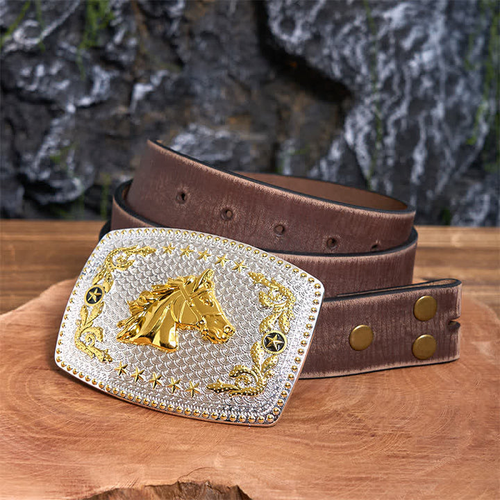 Rechteckiger DIY-Ledergürtel mit zweifarbiger Pferdekopf-Schnalle und großer Schnalle - Pferdekopf - Brauner Distressed-Gürtel - 42 - image 6