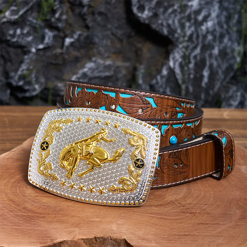 Rechteckiger DIY zweifarbiger Reitgürtel aus Leder mit großer Schnalle - Reiten - Türkisfarbener geschnitzter Gürtel - 42 - image 4