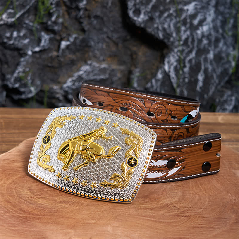 Rechteckiger DIY zweifarbiger Reitgürtel aus Leder mit großer Schnalle - Reiten - Brauner Federgürtel - 40 - image 8