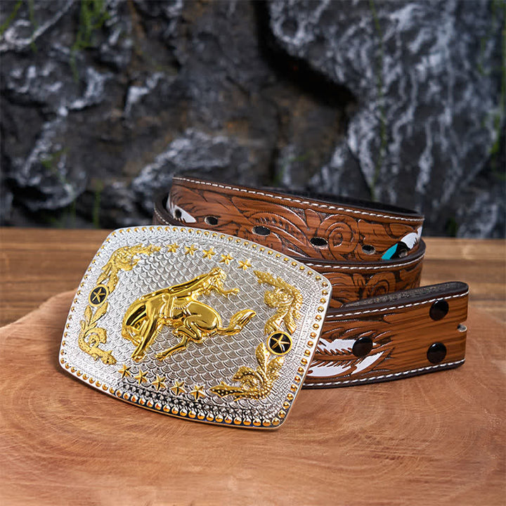 Rechteckiger DIY zweifarbiger Reitgürtel aus Leder mit großer Schnalle - Reiten - Brauner Federgürtel - 40 - image 8