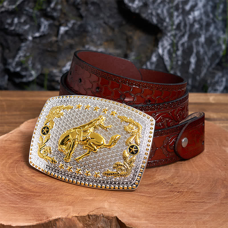 Rechteckiger DIY zweifarbiger Reitgürtel aus Leder mit großer Schnalle - Reiten - Brauner geschnitzter Gürtel - 42 - image 7