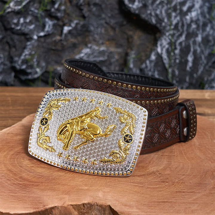 Rechteckiger DIY zweifarbiger Reitgürtel aus Leder mit großer Schnalle - Reiten - Brauner Nietengürtel - 42 - image 5