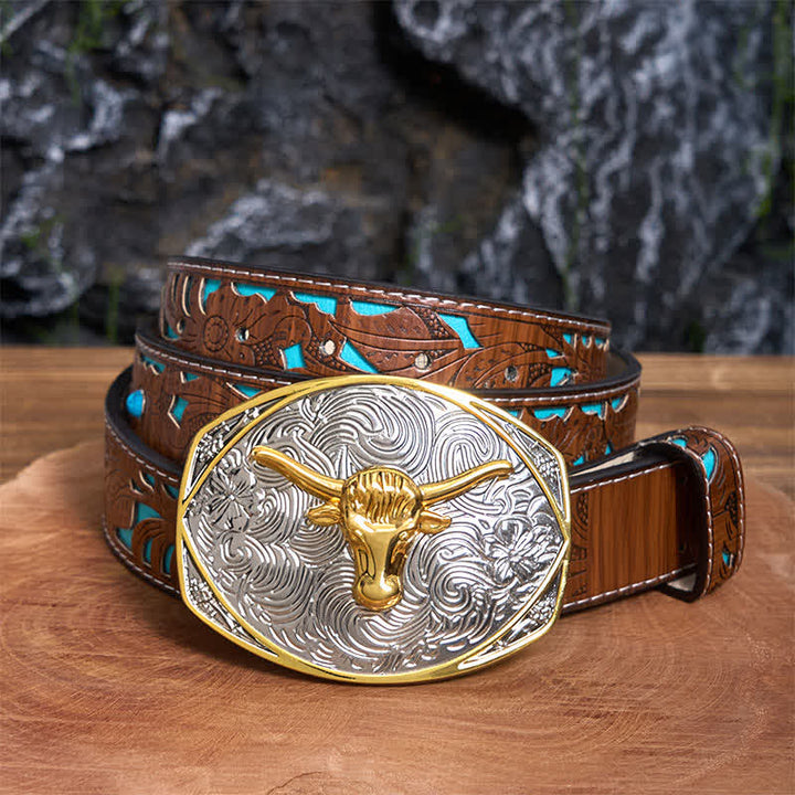 Native Golden DIY Longhorn Head Ledergürtel mit großer Schnalle - Longhorn-Kopf - Türkisfarbener geschnitzter Gürtel - 42 - image 4