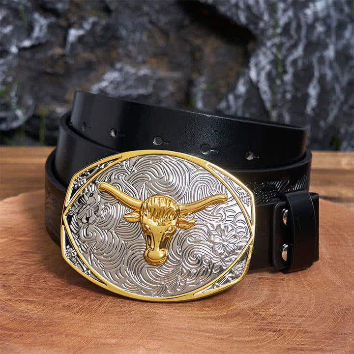 Native Golden DIY Longhorn Head Ledergürtel mit großer Schnalle - Longhorn-Kopf - Schwarzer Gürtel mit geprägtem Adler - 42 - image 3