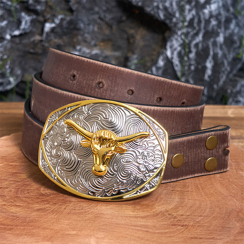 Native Golden DIY Longhorn Head Ledergürtel mit großer Schnalle - Longhorn-Kopf - Brauner Distressed-Gürtel - 42 - image 6