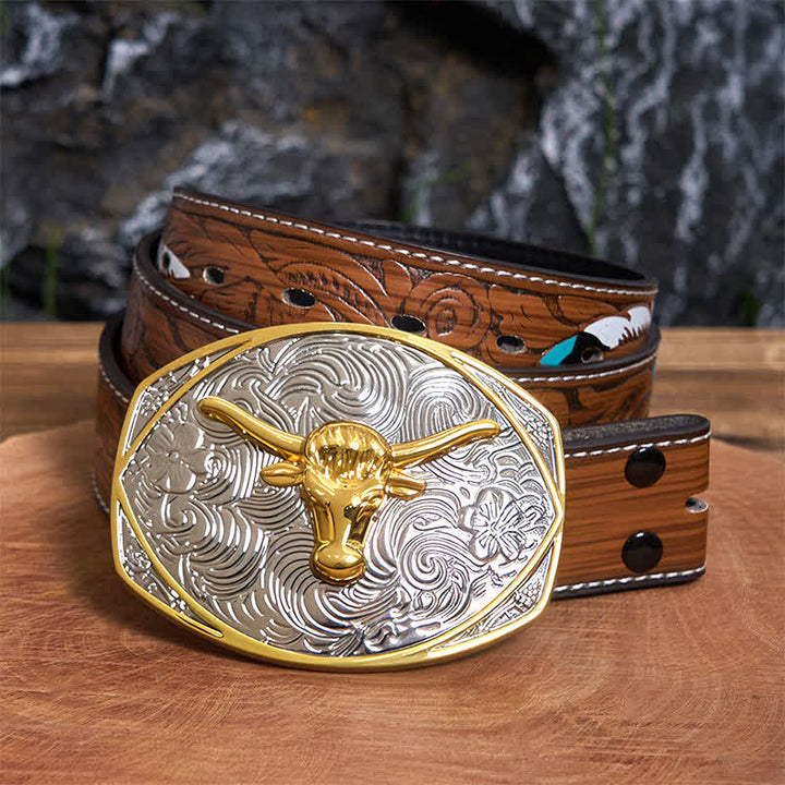 Native Golden DIY Longhorn Head Ledergürtel mit großer Schnalle - Longhorn-Kopf - Brauner Federgürtel - 40 - image 8