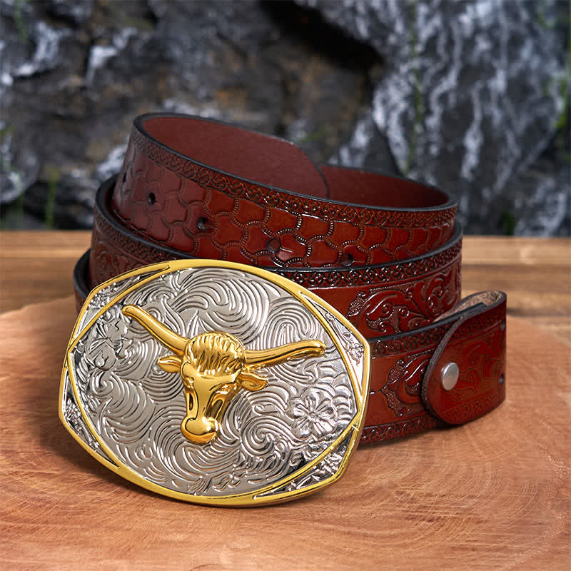 Native Golden DIY Longhorn Head Ledergürtel mit großer Schnalle - Longhorn-Kopf - Brauner geschnitzter Gürtel - 42 - image 7