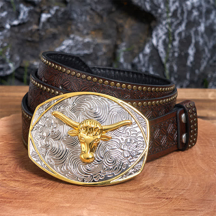 Native Golden DIY Longhorn Head Ledergürtel mit großer Schnalle - Longhorn-Kopf - Brauner Nietengürtel - 42 - image 5