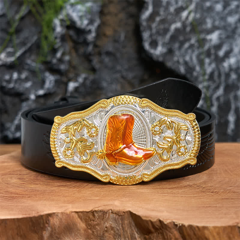 Gold- und orangefarbene Boots DIY West Ledergürtel mit großer Schnalle - Stiefel - Schwarzer Gürtel mit geprägtem Adler - 42 - image 3
