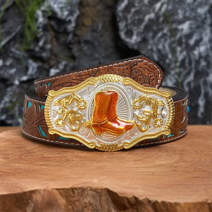 Gold- und orangefarbene Boots DIY West Ledergürtel mit großer Schnalle - Stiefel - Türkisfarbener geschnitzter Gürtel - 42 - image 4