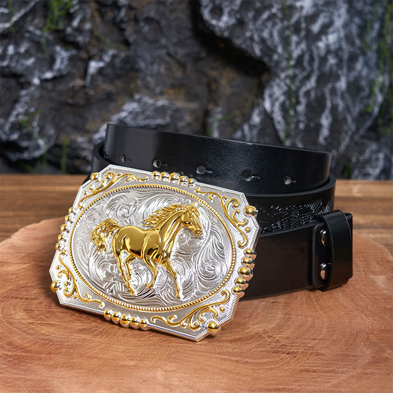 Golden Running Horse DIY Cowboy Schnalle Ledergürtel - Laufendes Pferd - Schwarzer Gürtel mit geprägtem Adler - 42 - image 1