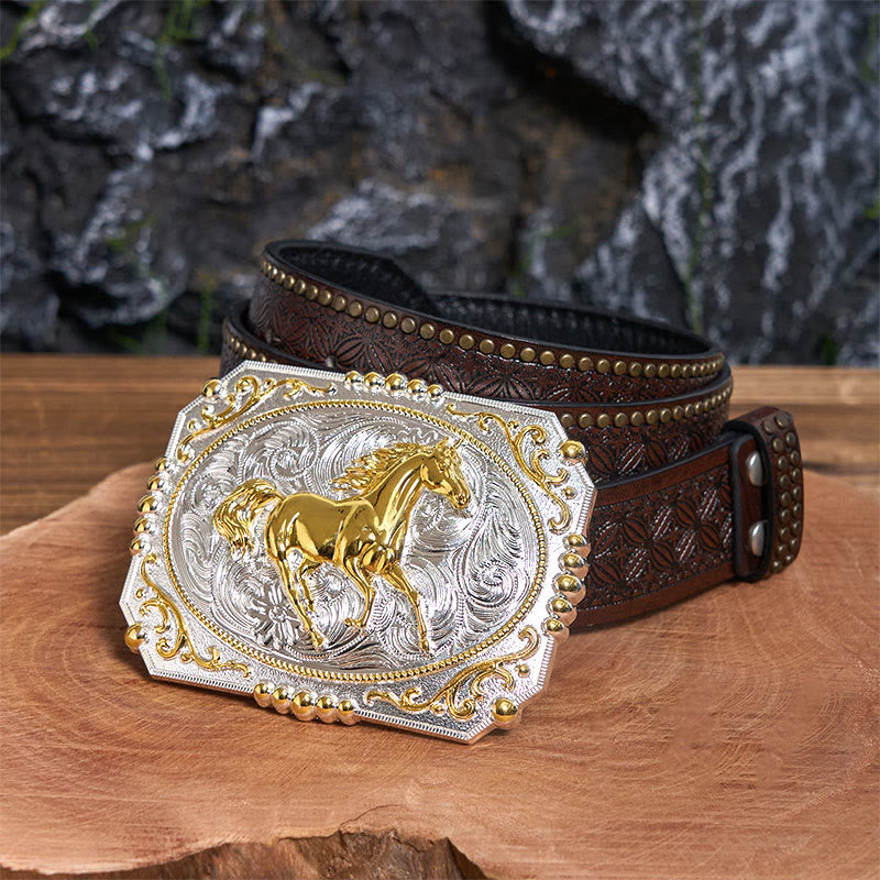 Golden Running Horse DIY Cowboy Schnalle Ledergürtel - Laufendes Pferd - Brauner Nietengürtel - 42 - image 4