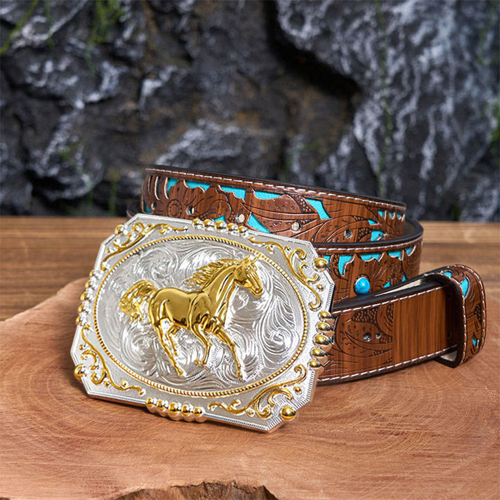 Golden Running Horse DIY Cowboy Schnalle Ledergürtel - Laufendes Pferd - Türkisfarbener geschnitzter Gürtel - 42 - image 3