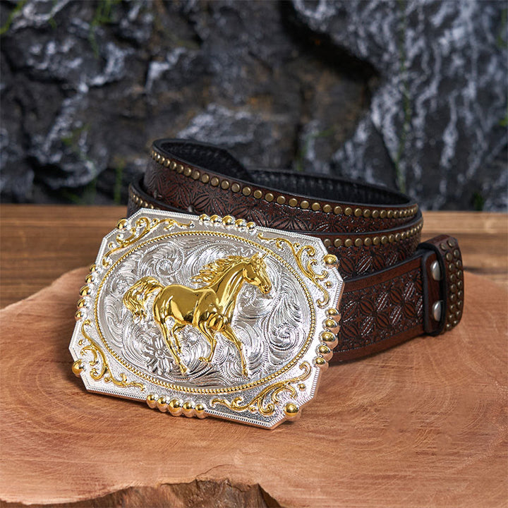 Golden Running Horse DIY Cowboy Schnalle Ledergürtel - Laufendes Pferd - Brauner Nietengürtel - 42 - image 5