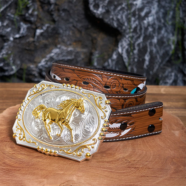 Golden Running Horse DIY Cowboy Schnalle Ledergürtel - Laufendes Pferd - Brauner Federgürtel - 40 - image 8