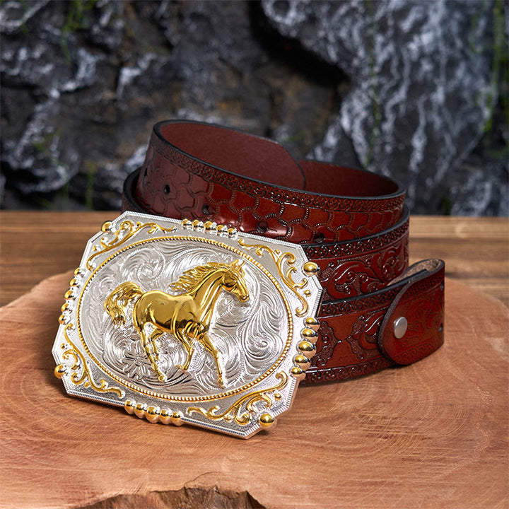 Golden Running Horse DIY Cowboy Schnalle Ledergürtel - Laufendes Pferd - Brauner geschnitzter Gürtel - 42 - image 6