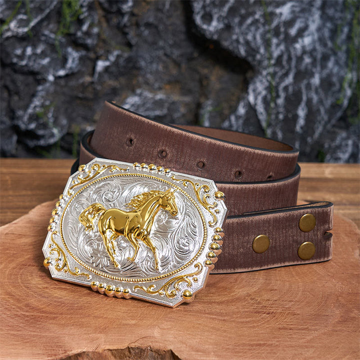 Golden Running Horse DIY Cowboy Schnalle Ledergürtel - Laufendes Pferd - Brauner Distressed-Gürtel - 42 - image 5