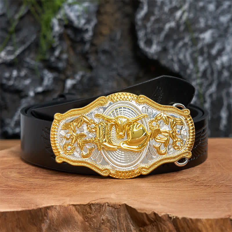 Goldener Bulle & Cowboyhut DIY West Ledergürtel mit großer Schnalle - Bullen- und Cowboyhut - Schwarzer Gürtel mit geprägtem Adler - 42 - image 3
