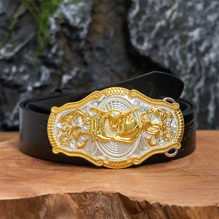 Goldener Bulle & Cowboyhut DIY West Ledergürtel mit großer Schnalle - Bullen- und Cowboyhut - Schwarzer Gürtel mit geprägtem Adler - 42 - image 3