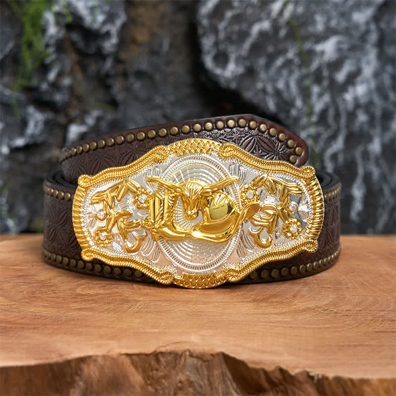 Goldener Bulle & Cowboyhut DIY West Ledergürtel mit großer Schnalle - Bullen- und Cowboyhut - Brauner Nietengürtel - 42 - image 5