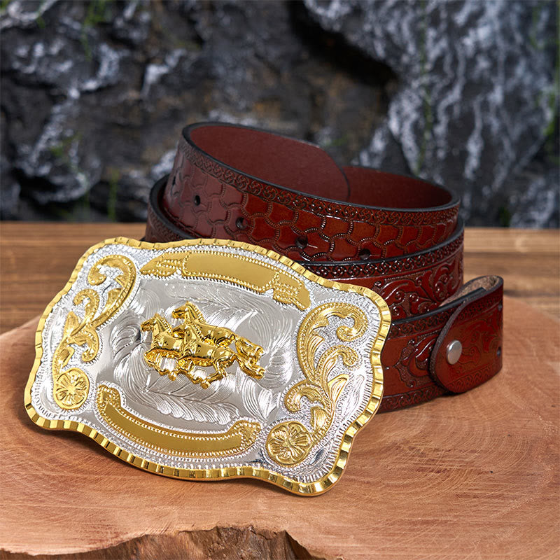 Drei galoppierende Pferde DIY Cowboy Schnalle Ledergürtel - Drei galoppierende Pferde - Brauner geschnitzter Gürtel - 42 - image 7