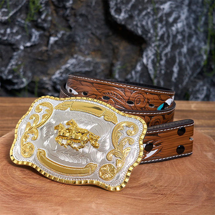 Drei galoppierende Pferde DIY Cowboy Schnalle Ledergürtel - Drei galoppierende Pferde - Brauner Federgürtel - 40 - image 8