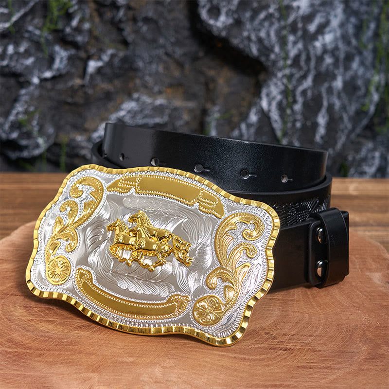 Drei galoppierende Pferde DIY Cowboy Schnalle Ledergürtel - Drei galoppierende Pferde - Schwarzer Gürtel mit geprägtem Adler - 42 - image 1