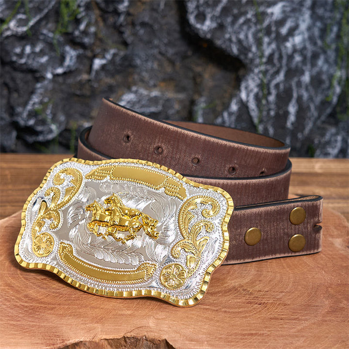Drei galoppierende Pferde DIY Cowboy Schnalle Ledergürtel - Drei galoppierende Pferde - Brauner Distressed-Gürtel - 42 - image 6