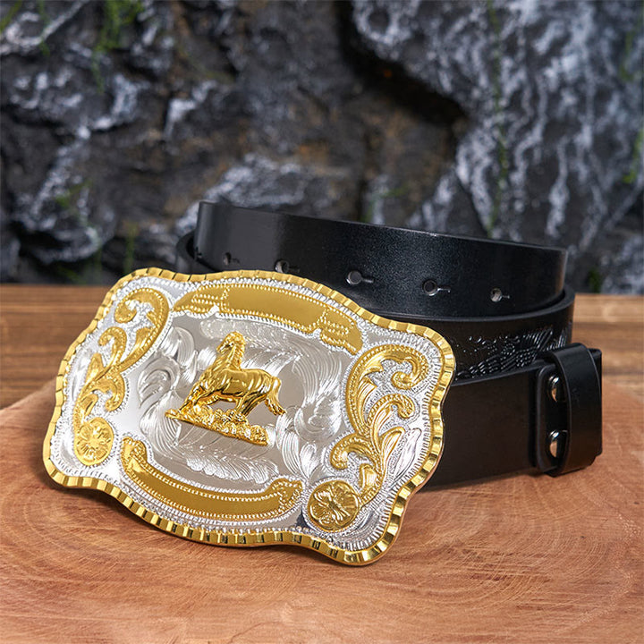 Golden Gallant Horse DIY Cowboy Schnalle Ledergürtel - Galantes Pferd - Schwarzer Gürtel mit geprägtem Adler - 42 - image 1