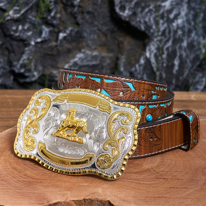 Golden Gallant Horse DIY Cowboy Schnalle Ledergürtel - Galantes Pferd - Türkisfarbener geschnitzter Gürtel - 42 - image 4