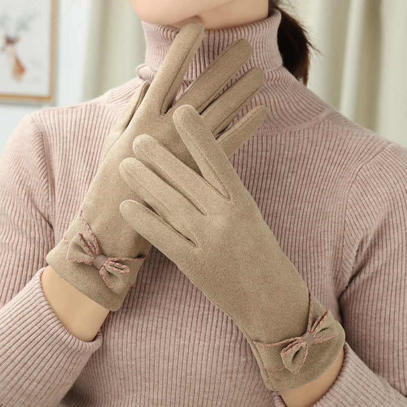 Süße Damenhandschuhe mit Schleife und Vollfinger-Bedeckung - Khaki - image 0