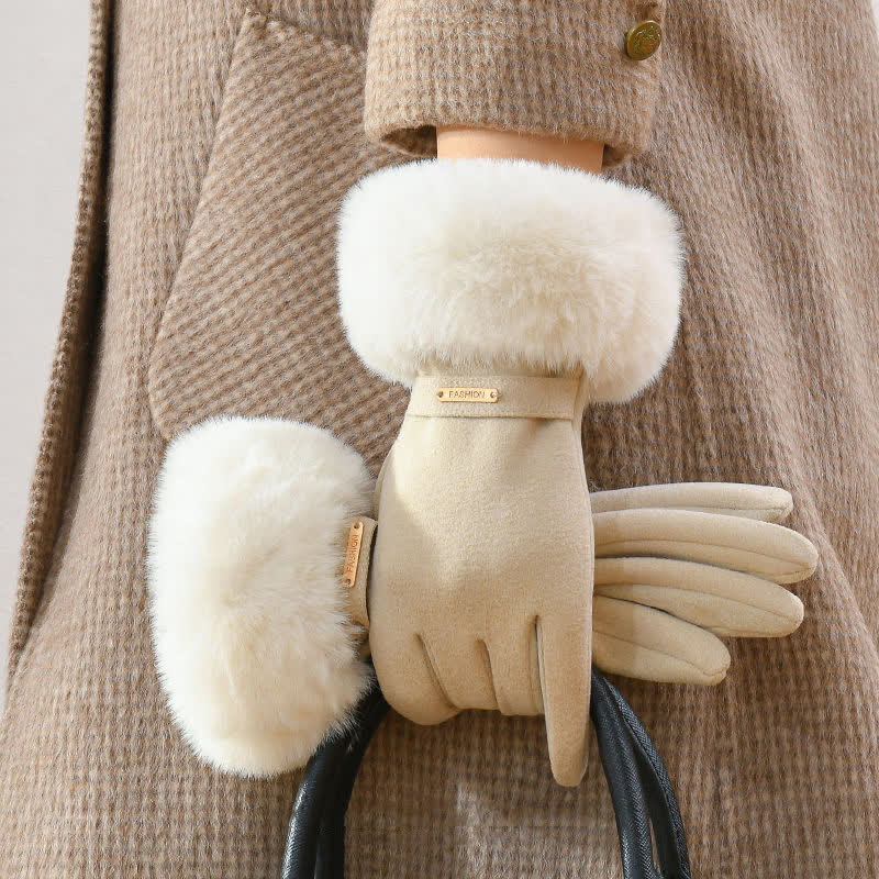 Warme, flauschige Plüsch-Touchscreen-Handschuhe für Damen - Elfenbein - image 0